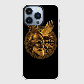 Чехол для iPhone 13 Pro с принтом Один ,  |  | beard | celtic | emblem | face | golden | helmet | myth | one | ornament | raven | runes | sword | viking | warrior | борода | викинг | воин | ворон | золотой | кельтский | лицо | меч | миф | один | орнамент | руны | шлем | эмблема