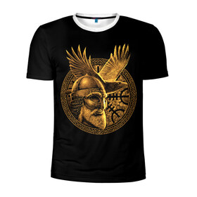 Мужская футболка 3D спортивная с принтом Один , 100% полиэстер с улучшенными характеристиками | приталенный силуэт, круглая горловина, широкие плечи, сужается к линии бедра | beard | celtic | emblem | face | golden | helmet | myth | one | ornament | raven | runes | sword | viking | warrior | борода | викинг | воин | ворон | золотой | кельтский | лицо | меч | миф | один | орнамент | руны | шлем | эмблема