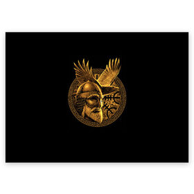 Поздравительная открытка с принтом Один , 100% бумага | плотность бумаги 280 г/м2, матовая, на обратной стороне линовка и место для марки
 | beard | celtic | emblem | face | golden | helmet | myth | one | ornament | raven | runes | sword | viking | warrior | борода | викинг | воин | ворон | золотой | кельтский | лицо | меч | миф | один | орнамент | руны | шлем | эмблема