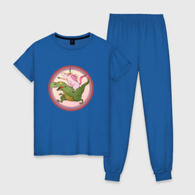 Женская пижама хлопок с принтом Вперёд к мечте! , 100% хлопок | брюки и футболка прямого кроя, без карманов, на брюках мягкая резинка на поясе и по низу штанин | bird born | арт | единорог | животные | иллюстрация | ирония | комиксы | мечта | милота | мотивация | тирекс | юмор
