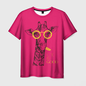 Мужская футболка 3D с принтом Life is good , 100% полиэфир | прямой крой, круглый вырез горловины, длина до линии бедер | Тематика изображения на принте: african | animal | giraffe | inscription | life is good | look | pink | pop art | tongue | yellow | африканское | взгляд | желтый | животное | жизнь хороша | жираф | надпись | очки | поп   арт | розовый | язык