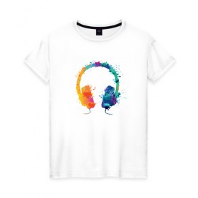 Женская футболка хлопок с принтом Красочные Наушники , 100% хлопок | прямой крой, круглый вырез горловины, длина до линии бедер, слегка спущенное плечо | dj | music | брызги | диджей | краски | музыка | наушники