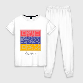 Женская пижама хлопок с принтом QR-Armenia , 100% хлопок | брюки и футболка прямого кроя, без карманов, на брюках мягкая резинка на поясе и по низу штанин | Тематика изображения на принте: cxstyle | qr | армения | код | символ | страна | флаг