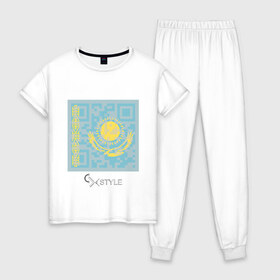 Женская пижама хлопок с принтом QR-Kazakhstan , 100% хлопок | брюки и футболка прямого кроя, без карманов, на брюках мягкая резинка на поясе и по низу штанин | cxstyle | qr | казахстан | код | символ | страна | флаг