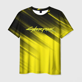Мужская футболка 3D с принтом Cyberpunk 2077 (Yellow). , 100% полиэфир | прямой крой, круглый вырез горловины, длина до линии бедер | 3d | cyberpunk 2077 | red | абстракция | геометрия | игра | киберпанк 2077 | красный | лого | логотип | надпись | стиль | текстура