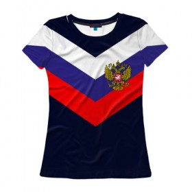 Женская футболка 3D с принтом RUSSIA SPORT (РЕДАЧ) , 100% полиэфир ( синтетическое хлопкоподобное полотно) | прямой крой, круглый вырез горловины, длина до линии бедер | russia | герб рф | орёл | россия | рф