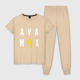 Женская пижама хлопок с принтом AVA MAX , 100% хлопок | брюки и футболка прямого кроя, без карманов, на брюках мягкая резинка на поясе и по низу штанин | Тематика изображения на принте: ava max | so am i. | sweet but psycho | ава макс