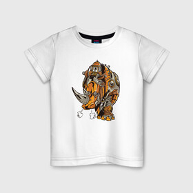 Детская футболка хлопок с принтом Носорог Steampunk , 100% хлопок | круглый вырез горловины, полуприлегающий силуэт, длина до линии бедер | cyber | retro | rhino | robot | steampunk | носорог | панк | ретро | стимпанк