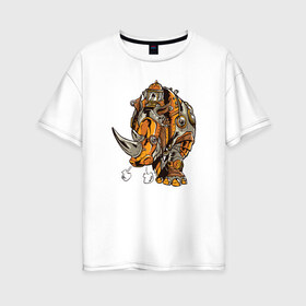 Женская футболка хлопок Oversize с принтом Носорог Steampunk , 100% хлопок | свободный крой, круглый ворот, спущенный рукав, длина до линии бедер
 | cyber | retro | rhino | robot | steampunk | носорог | панк | ретро | стимпанк