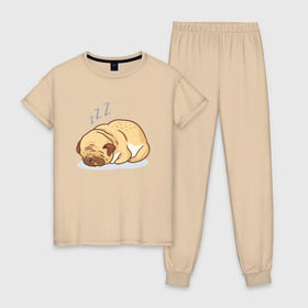Женская пижама хлопок с принтом Спящий мопс , 100% хлопок | брюки и футболка прямого кроя, без карманов, на брюках мягкая резинка на поясе и по низу штанин | dog | pug | мопс | пес | псина | собака | собачка | сон | спит | спящий