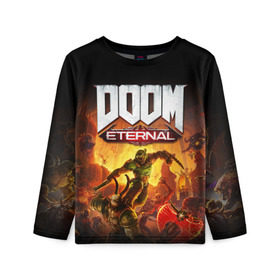 Детский лонгслив 3D с принтом DOOM Eternal , 100% полиэстер | длинные рукава, круглый вырез горловины, полуприлегающий силуэт
 | 2019 | bethesda | demon | doom | eternal | ethernal | game | games | logo | monster | runes | демон | дум | дуум | етернал | игра | игры | какодемон | кровь | лого | логотип | монстр | монстры | руны | символ | этернал