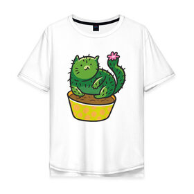 Мужская футболка хлопок Oversize с принтом Кот-кактус , 100% хлопок | свободный крой, круглый ворот, “спинка” длиннее передней части | cat | горшок | иголки | кактус | кот кактус | котик | кошка | растение | цветок