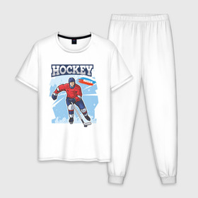 Мужская пижама хлопок с принтом Хоккей Russia , 100% хлопок | брюки и футболка прямого кроя, без карманов, на брюках мягкая резинка на поясе и по низу штанин
 | hockey | russia | зима | зимние игры | клюшка | лед | россия | снег | спорт | спортсмен | хоккеист | хоккей | шайба