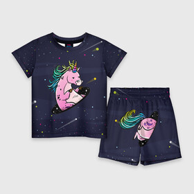 Детский костюм с шортами 3D с принтом Единорог и телепорт ,  |  | Тематика изображения на принте: вселенная | галактика | грива | единорог | звезды | космос | радуга | телепорт