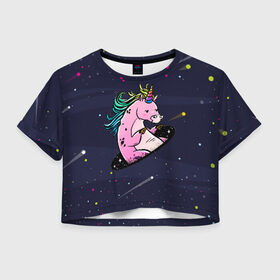 Женская футболка Cropp-top с принтом Единорог и телепорт , 100% полиэстер | круглая горловина, длина футболки до линии талии, рукава с отворотами | вселенная | галактика | грива | единорог | звезды | космос | радуга | телепорт