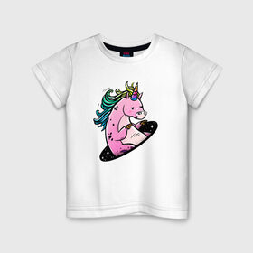Детская футболка хлопок с принтом Единорог и телепорт , 100% хлопок | круглый вырез горловины, полуприлегающий силуэт, длина до линии бедер | вселенная | галактика | грива | единорог | звезды | космос | радуга | телепорт