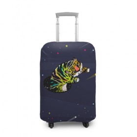 Чехол для чемодана 3D с принтом Тигр и телепорт (двусторонняя) , 86% полиэфир, 14% спандекс | двустороннее нанесение принта, прорези для ручек и колес | галактика | звезды | космос | кот | кошка | полосатый | телепорт | тигр | тигренок