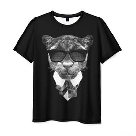 Мужская футболка 3D с принтом Пантера в очках , 100% полиэфир | прямой крой, круглый вырез горловины, длина до линии бедер | animal | panther | predator | животное | очки | пантера | хищник