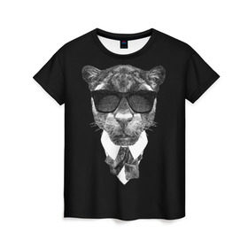 Женская футболка 3D с принтом Пантера в очках , 100% полиэфир ( синтетическое хлопкоподобное полотно) | прямой крой, круглый вырез горловины, длина до линии бедер | animal | panther | predator | животное | очки | пантера | хищник