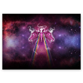 Поздравительная открытка с принтом Единороги в космосе , 100% бумага | плотность бумаги 280 г/м2, матовая, на обратной стороне линовка и место для марки
 | magic | unicorn | волшебство | единорог | конь | космос | лошадь | меджик | психодел | радуга | череп | юникорн