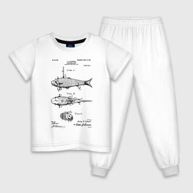 Детская пижама хлопок с принтом Patent - Artificial bait , 100% хлопок |  брюки и футболка прямого кроя, без карманов, на брюках мягкая резинка на поясе и по низу штанин
 | patent | воблер | идея | история | крючок | патент | приманка | разработка | рыбак | рыбалка | туризм | удочка | чертеж | чертежи