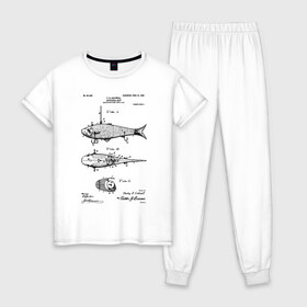 Женская пижама хлопок с принтом Patent - Artificial bait , 100% хлопок | брюки и футболка прямого кроя, без карманов, на брюках мягкая резинка на поясе и по низу штанин | patent | воблер | идея | история | крючок | патент | приманка | разработка | рыбак | рыбалка | туризм | удочка | чертеж | чертежи