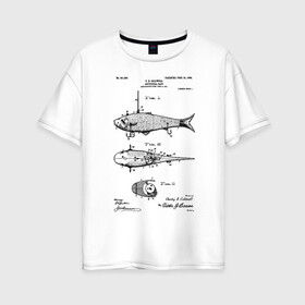 Женская футболка хлопок Oversize с принтом Patent - Artificial bait , 100% хлопок | свободный крой, круглый ворот, спущенный рукав, длина до линии бедер
 | patent | воблер | идея | история | крючок | патент | приманка | разработка | рыбак | рыбалка | туризм | удочка | чертеж | чертежи