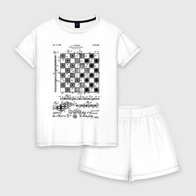 Женская пижама с шортиками хлопок с принтом Patent - Chess board , 100% хлопок | футболка прямого кроя, шорты свободные с широкой мягкой резинкой | chess | patent | игра | идея | история | логика | настолка | патент | разработка | чертеж | чертежи | шахматы | шашки
