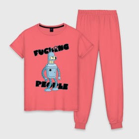 Женская пижама хлопок с принтом Futurama Bender , 100% хлопок | брюки и футболка прямого кроя, без карманов, на брюках мягкая резинка на поясе и по низу штанин | bender | futurama | бендер | футурама