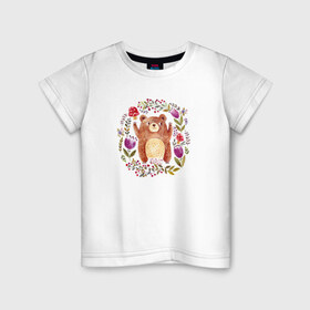 Детская футболка хлопок с принтом Мишка , 100% хлопок | круглый вырез горловины, полуприлегающий силуэт, длина до линии бедер | Тематика изображения на принте: дикое животное | животное | медведь | мишка | рисунок | цветы