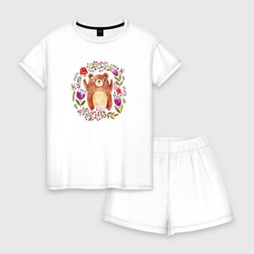 Женская пижама с шортиками хлопок с принтом Мишка , 100% хлопок | футболка прямого кроя, шорты свободные с широкой мягкой резинкой | дикое животное | животное | медведь | мишка | рисунок | цветы