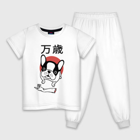 Детская пижама хлопок с принтом Банзай , 100% хлопок |  брюки и футболка прямого кроя, без карманов, на брюках мягкая резинка на поясе и по низу штанин
 | Тематика изображения на принте: банзай | бульдог | восходящее солнце | иероглифы | рука | собака | французский | япония