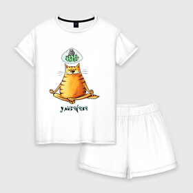 Женская пижама с шортиками хлопок с принтом Улыбасана , 100% хлопок | футболка прямого кроя, шорты свободные с широкой мягкой резинкой | йога | кот йога | кот медитирует | медитация | смешной кот