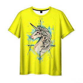 Мужская футболка 3D с принтом Единорог Yellow Unicorn , 100% полиэфир | прямой крой, круглый вырез горловины, длина до линии бедер | Тематика изображения на принте: unicorn | yellow unicorn | единорог | единорожки | животные | лошади