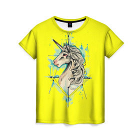 Женская футболка 3D с принтом Единорог Yellow Unicorn , 100% полиэфир ( синтетическое хлопкоподобное полотно) | прямой крой, круглый вырез горловины, длина до линии бедер | Тематика изображения на принте: unicorn | yellow unicorn | единорог | единорожки | животные | лошади