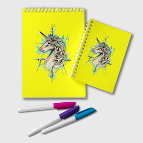 Блокнот с принтом Единорог Yellow Unicorn , 100% бумага | 48 листов, плотность листов — 60 г/м2, плотность картонной обложки — 250 г/м2. Листы скреплены удобной пружинной спиралью. Цвет линий — светло-серый
 | unicorn | yellow unicorn | единорог | единорожки | животные | лошади
