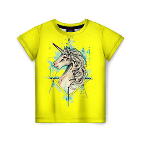 Детская футболка 3D с принтом Единорог Yellow Unicorn , 100% гипоаллергенный полиэфир | прямой крой, круглый вырез горловины, длина до линии бедер, чуть спущенное плечо, ткань немного тянется | Тематика изображения на принте: unicorn | yellow unicorn | единорог | единорожки | животные | лошади