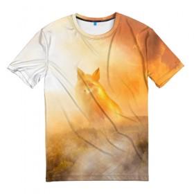 Мужская футболка 3D с принтом Лисичка в тумане , 100% полиэфир | прямой крой, круглый вырез горловины, длина до линии бедер | Тематика изображения на принте: animals | forest | fox | арт | животное | лес | лиса | лисичка | облака | рисунок | рыжая лиса | туман