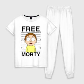 Женская пижама хлопок с принтом Free Morty , 100% хлопок | брюки и футболка прямого кроя, без карманов, на брюках мягкая резинка на поясе и по низу штанин | Тематика изображения на принте: c 137 | morty | morty smith | portal | rick | rick and morty | rick sanchez | sanchez | smith | морти | морти смит | портал | рик | рик и морти | рик санчез | санчез | смит