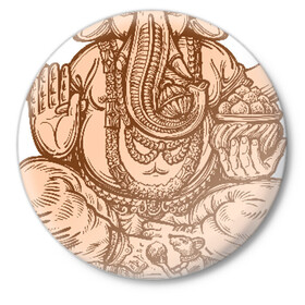 Значок с принтом Ганеш ,  металл | круглая форма, металлическая застежка в виде булавки | бог. индуизм | буддизм | ганеш | ганеша | индия | кришна | мифология | оберег | ом | слон | талисман