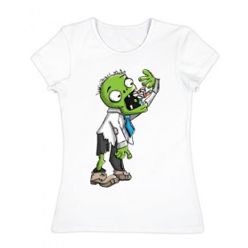 Женская футболка хлопок с принтом Больной зомби , 100% хлопок | прямой крой, круглый вырез горловины, длина до линии бедер, слегка спущенное плечо | Тематика изображения на принте: апокалипсис | больной | зеленый зомби | зомби | постапокалипсис | уставший зомби