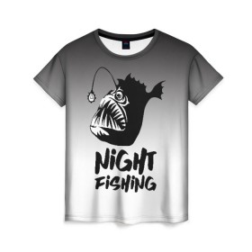 Женская футболка 3D с принтом Рыба удильщик , 100% полиэфир ( синтетическое хлопкоподобное полотно) | прямой крой, круглый вырез горловины, длина до линии бедер | angler | fin | fishing | jaw | lantern | night | rod | tail | teeth | глубина | зубы | ночь | плавник | рыбалка | удильщик | удочка | фонарик | хвост
