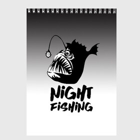 Скетчбук с принтом Рыба удильщик , 100% бумага
 | 48 листов, плотность листов — 100 г/м2, плотность картонной обложки — 250 г/м2. Листы скреплены сверху удобной пружинной спиралью | angler | fin | fishing | jaw | lantern | night | rod | tail | teeth | глубина | зубы | ночь | плавник | рыбалка | удильщик | удочка | фонарик | хвост