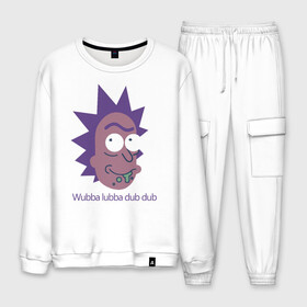 Мужской костюм хлопок с принтом Wubba lubba dub dub , 100% хлопок | на свитшоте круглая горловина, мягкая резинка по низу. Брюки заужены к низу, на них два вида карманов: два “обычных” по бокам и два объемных, с клапанами, расположенные ниже линии бедра. Брюки с мягкой трикотажной резинкой на поясе и по низу штанин. В поясе для дополнительного комфорта — широкие завязки | Тематика изображения на принте: c 137 | morty | morty smith | portal | rick | rick and morty | rick sanchez | sanchez | smith | морти | морти смит | портал | рик | рик и морти | рик санчез | санчез | смит