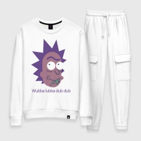 Женский костюм хлопок с принтом Wubba lubba dub dub , 100% хлопок | на свитшоте круглая горловина, мягкая резинка по низу. Брюки заужены к низу, на них два вида карманов: два 