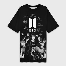 Платье-футболка 3D с принтом BTS ,  |  | autographs | bangtan boys | beyond the scene | boyband | boys | bts | chin | chonguk | edm | emblem | hip hop | jimin | jj hope | k pop | logo | rb | rm | shuga | south korean | wee | автографы | бойбенд | ви | джей хоуп | логотип | мальчики | сюга 