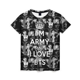 Женская футболка 3D с принтом I am army and I lover BTS , 100% полиэфир ( синтетическое хлопкоподобное полотно) | прямой крой, круглый вырез горловины, длина до линии бедер | bangtan boys | beyond the scene | boyband | boys | bts | chin | chonguk | collage | crown | edm | flowers | hip hop | jimin | jj hope | k pop | photo | r  b | rm | south korean | suga | wee | бойбенд | ви | джей хоуп | коллаж | корона | мальчики | с