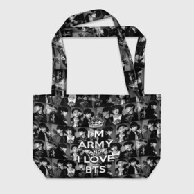 Пляжная сумка 3D с принтом I am army and I lover BTS , 100% полиэстер | застегивается на металлическую кнопку; внутренний карман застегивается на молнию. Стенки укреплены специальным мягким материалом, чтобы защитить содержимое от несильных ударов
 | bangtan boys | beyond the scene | boyband | boys | bts | chin | chonguk | collage | crown | edm | flowers | hip hop | jimin | jj hope | k pop | photo | r  b | rm | south korean | suga | wee | бойбенд | ви | джей хоуп | коллаж | корона | мальчики | с