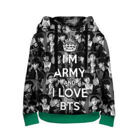 Детская толстовка 3D с принтом I am army and I lover BTS , 100% полиэстер | двухслойный капюшон со шнурком для регулировки, мягкие манжеты на рукавах и по низу толстовки, спереди карман-кенгуру с мягким внутренним слоем | bangtan boys | beyond the scene | boyband | boys | bts | chin | chonguk | collage | crown | edm | flowers | hip hop | jimin | jj hope | k pop | photo | r  b | rm | south korean | suga | wee | бойбенд | ви | джей хоуп | коллаж | корона | мальчики | с