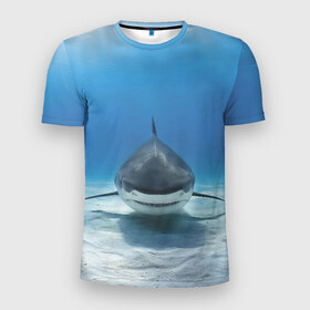 Мужская футболка 3D спортивная с принтом Анфас , 100% полиэстер с улучшенными характеристиками | приталенный силуэт, круглая горловина, широкие плечи, сужается к линии бедра | bottom | fin | full face | jaw | ocean | sand | shark | water | акула | анфас | вода | дно | океан | песок | плавник